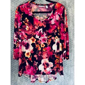 Susan Graver Liquid Knit Top in Striking Black/Fuschia Floral  L Colorful Casual